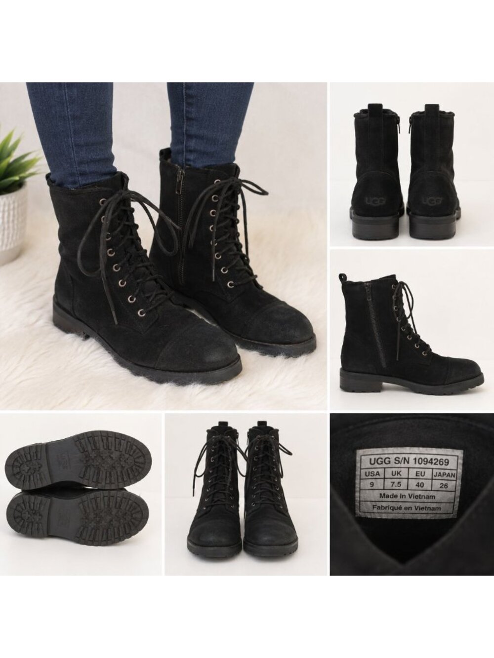 UGG Women's Kilmer II combat boots featuring black suede and a side zipper Sz 9